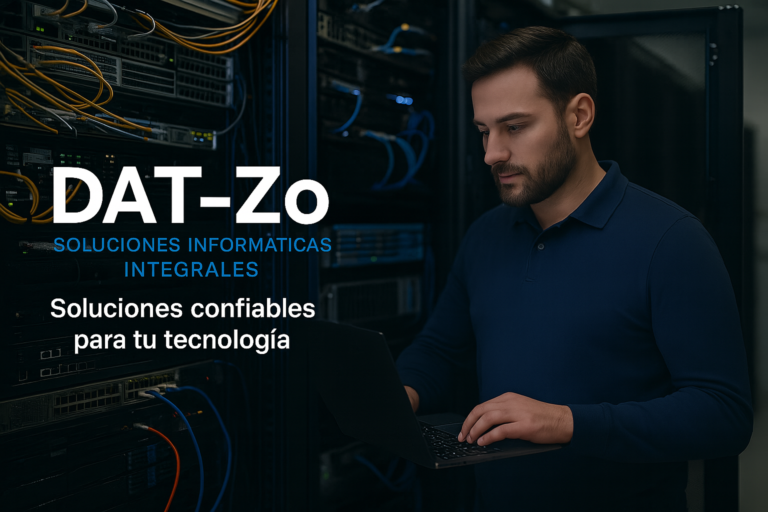 Técnico especialista de DAT-ZO trabajando concentrado en un rack de servidores.