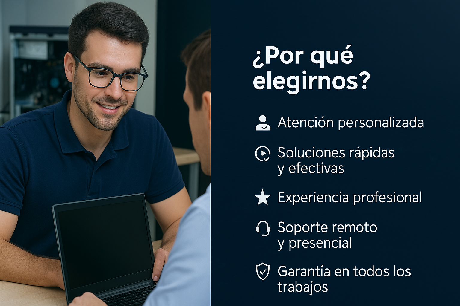 Asesor de DAT-ZO sonriendo mientras explica una solución informática a un cliente.